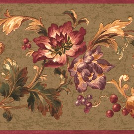 CONCORD WALLCOVERINGS ™ Wallpaper Border Floral Pattern Flowers Berries Grapes Leaves for Kitchen Dining Area Cottage Farmhouse, Green Burgundy Gold, 15 ft by 9 in HV6063B
