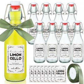 Teenyyou 8 Set Swing Top Glass Bottles for Limoncello Homemade 8.5 oz Coquito Bottle Flip Top Brewing Bottles with Stickers and Ribbon Cinnamon Twine Wine Bottles for Home Party Milk Eggnog Kefir