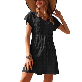Ekouaer Women's Beach Dress Short Beach Tunic Summer Bikini Cover Up Short Sleeve V-Neck Beach Poncho S-XXL, A-Black