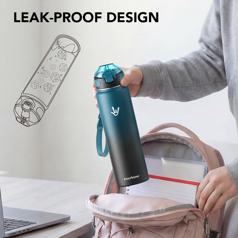 32 oz Insulated Water Bottle, 32oz 2 Lids (with Straw/No