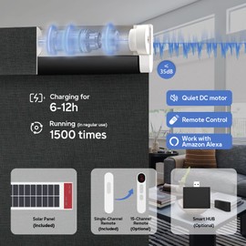 Motorized Blinds with Remote,Rechargeable Roller Shades,100% Blackout Smart Roller Blinds，【Solar Panel Included】 Wireless Electric Cordless Blinds with Cover Compatible with Alexa Black 48 * 72