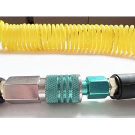 SANFU (PU) Polyurethane Recoil Air Hose 1/4”ID x 25ft with Bend Restrictor,1/4” Industrial Steel Quick Coupler and Plug, 2-Pack, Yellow