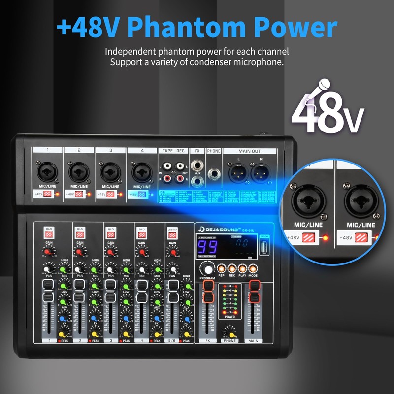 6-Channel Audio Mixer for PC, SX-6iu Mixing Console with XLR