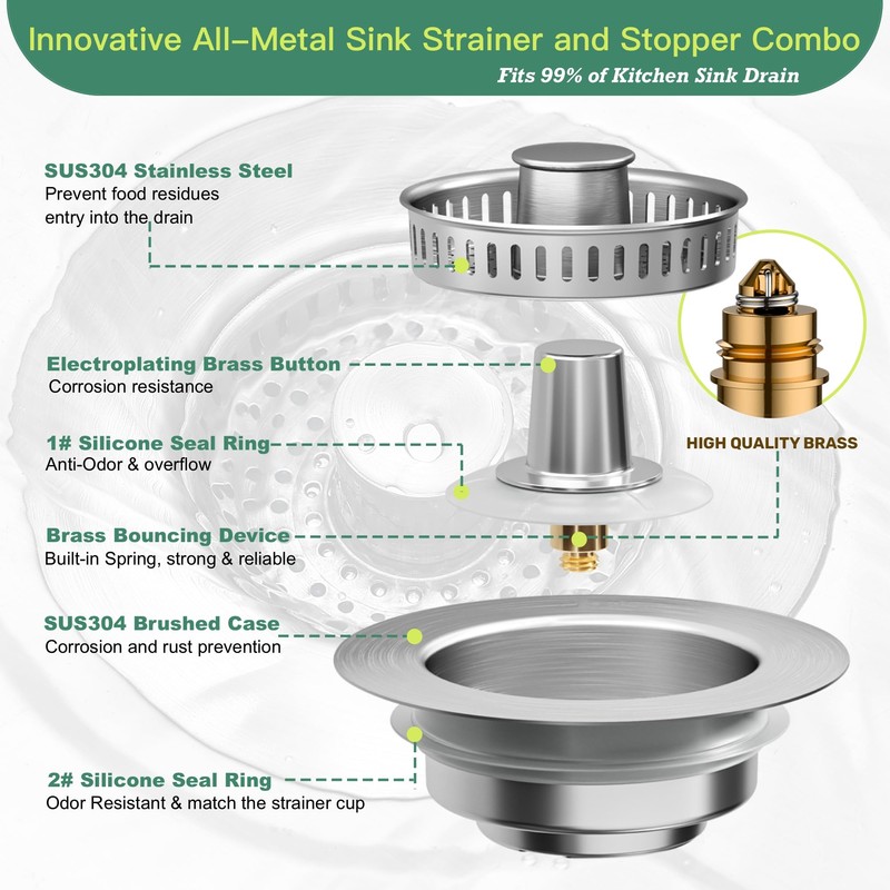 Kitchen Sink Drain Strainer 3 in 1, 304 Stainless Steel