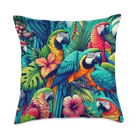 Parrots Tropical Nature Flowers Exotic Birds, Floral Parrots Throw Pillow