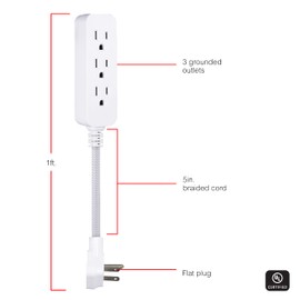 GE Designer 3-Outlet Power Strip, 1 Ft Braided Extension Cord, 3 Grounded Outlets, Flat Plug, Mini Cord, Premium, White, 45190