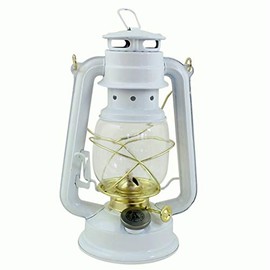 HEINZE Petroleum Lamp, White, with Brass-Plated Elements, Height 24 cm, Filling Lid with Child Lock, Light Duration Approx. 20 Hours
