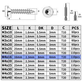 Mbsomnus 110 Stk Schrauben M4x16 mm Holzschrauben Torx Edelstahl A2 V2A Senkkopfschrauben Holz DIN7991 Spanplattenschrauben Vollgewinde Selbstschneidende Blechschrauben für Möbel Maschinenreparatur