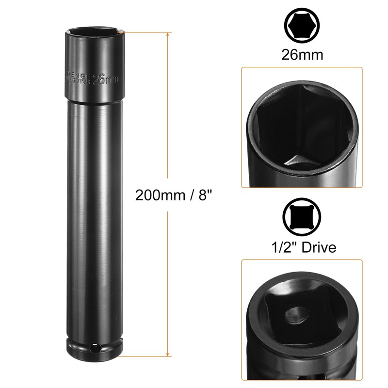HARFINGTON Deep 6-Point Impact Socket 1/2" Drive 26mm Metric Socket