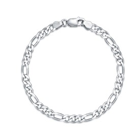 LELOUCHY Solid 925 Sterling Silver 4mm Diamond-Cut Figaro Chain Bracelet for Women Men, 9 Inch