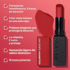 Revlon Lápiz labial, ColorStay Suede Ink, con base integrada, regalo pequeño para mujeres, resistente al agua, a prueba de manchas, color mate, 002 No