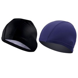 TRADERPLUS 2 Pack Lycra Fiber Swim Cap Swimming Caps Comfortable Swimming Pool Cap (Black+Dark Blue)