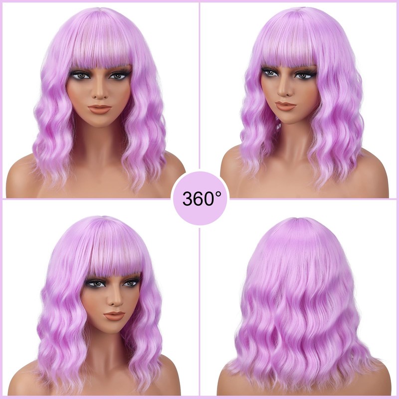 Short Bob Wavy Wig with Bangs, Shoulder‑Length Wigs for Women,Purple