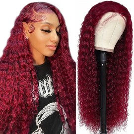 99j Burgundy Lace Front Wigs Human Hair 200 Density 13x6 HD Frontal Deep Wave Lace Front Wigs Human Hair Pre Plucked Red Curly Human Hair Wig Glueless Colored Wet And Wavy 22 Inch