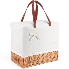 Insulated Wicker Beach Cooler Basket Tote Bag, Canvas Picnic Bag with Zipper Lid & Handles, Collapsible Picnic Basket for Women, Bride Gift, Beach, Pool, Camping, Outdoor Date(Retro)