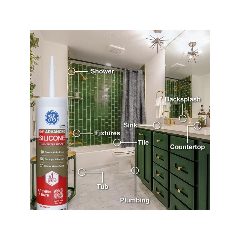 GE Advanced Silicone Caulk for Kitchen & Bathroom, White, 10