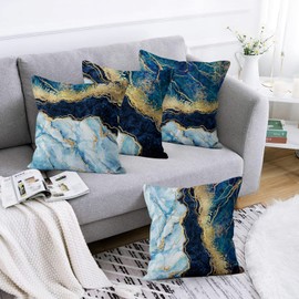 Hnmdmyi Marble Cushion Cover, 40 x 40 cm, Set of 4, Navy Blue and Gold Abstract Marble Texture Decorative Cushion Covers, Modern Luxury Art Linen Cushion Cover for Sofa, Couch, Bed, Garden, Outdoor, Home Decor