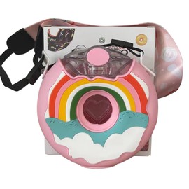 Doughnut Bottle 380ML Cute Leakage Proof Portable BPA Free Silicone PC 145x145mm Water Bottle with Strap for Travel Pink Rainbow