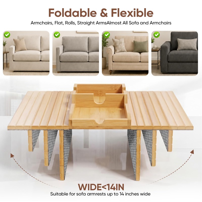 Bamboo Couch Arm Tray Table with Built-in Cup Holder, Foldable