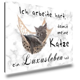 TRIOSK Fridge Magnets Motivation Sayings Magnet Cat Funny Luxury Life with Saying Ich arbeite hart Cat Motif Gift Office for Cat Lovers Fridge Strong Square Large 85 x 55 mm