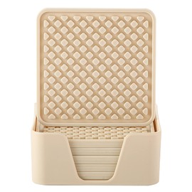 Colinda Silicone Drink Coasters with Holder, Set of 6, for Tabletop Protection and Office Desk, Cup Mat Set for Home Decor, Non-Slip and Non-Stick,Square, 4 Inch,Beige