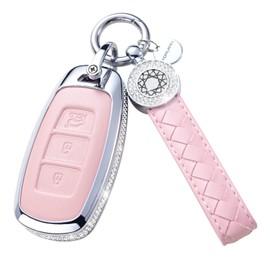 SHANGHONG for Hyundai Key Fob Cover with Keychain Genuine Leather Crystal Key Case Protector Compatible with 2022 2021 2020 Hyundai Sonata Santa fe Tucson Keyless Entry 5 Buttons Smart Key (Pink)