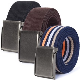 Mile High Life Canvas Web Belt | Cut to Fit Up to 52" | Flip-Top Matte Silver Nickel Buckle (3 Pack Black/Brown/Navy White)