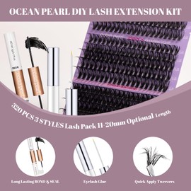 Ocean Pearl Lash Clusters 320PCS 11-20mm Lash Extension Kit 30D+40D+60D Eyelash Extension Kit Individual Lashes Thick Eyelash Clusters Lashes Clusters with Eyelashes Bond+Seal+Adhesive+Tweezer-60D