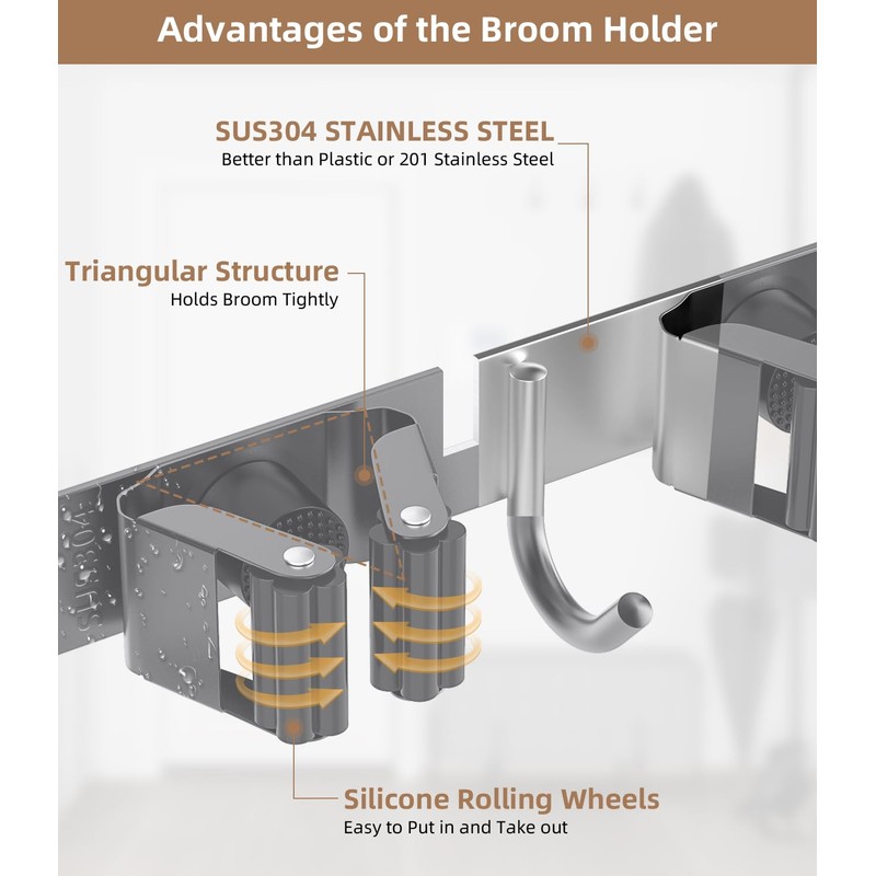 Broom Holder Over The Door-304 Stainless Steel Mop and Broom
