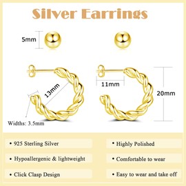 Loutade Hoop Earrings Silver 925, 2 Pairs 925 Silver Women's Earrings Stud Set, Hypoallergenic Lightweight Silver Earrings - Stud Hoop Earrings, Cartilage Sleeping Silver Earrings for Multiple