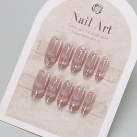 Hkanlre Medium Fake Nails Tips Almond Press on Nails Cat Eyes Full Cover Rhinestones False Nails for Women 24PCS