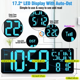 TXL 17.2" Large Digital Wall Clock Bluetooth Sync Time, LED Wall Clock with Date and Temperature, Count Up/Down Timer Clock with Remote Control, Adjustable Brightness Alarm Clock