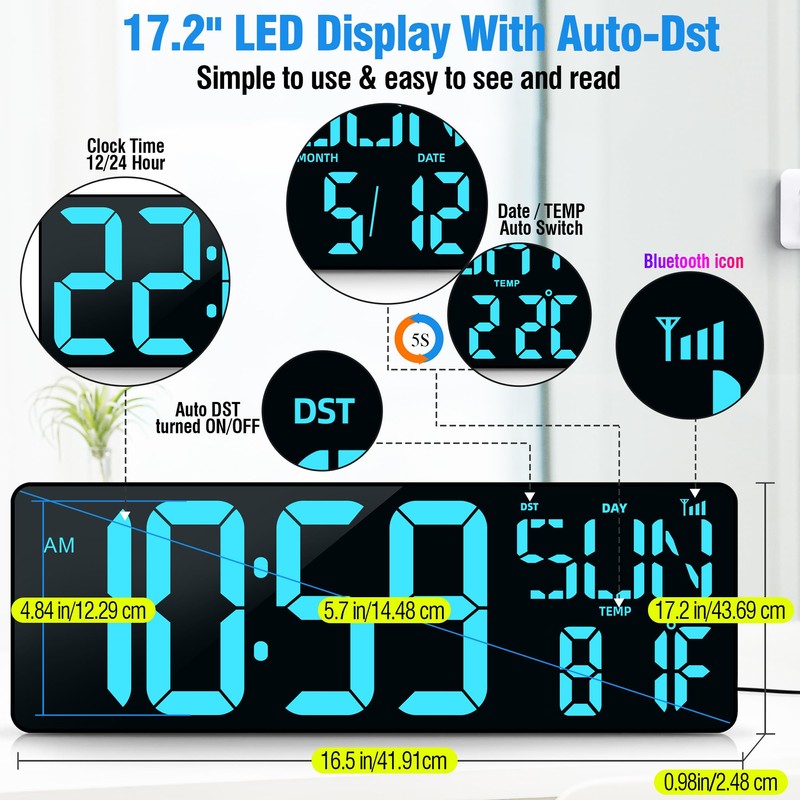 TXL 17.2" Large Digital Wall Clock Bluetooth Sync Time, LED