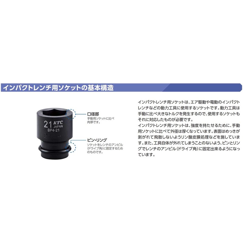 京都機械工具(KTC) 12.7mm (1/2インチ) インパクトレンチ ソケット (セミディープ薄肉) BP4M-19T