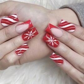 Christmas Press on Nails Square Medium False Nails Red White Strip French Tip Fake Nails with Snowflake Designs Winter Christmas Acrylic Nails Glossy Full Cover Glue on Nails for Women Girls 24Pcs