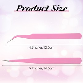 2Pcs Lash Tweezers For Eyelash Extensions,Fiber Tip Lash Tweezers,Precision Stainless Steel Straight Curved Lashes Tweezer Set, Contains Isolation,Volume Lashes Tweezer For Nail Art Sticker(Pink)