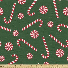 Lunarable Candy Cane Fabric by The Yard, Xmas Season Sweets Candy Cane Lollipop Merry Christmas Theme, Decorative Fabric for Upholstery and Home Accents, 1 Yard, Fern Green