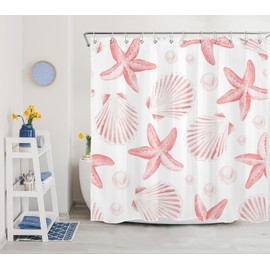 HVEST Pink Starfish Shower Curtain Light Pink Seashell with Starfish Theme Shower Curtain with Hooks Nautical Coastal Bath Curtain Polyester Fabric Decor Accessories, 72Lx72W Inches