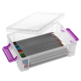BTSKY 4 Pack Large Capacity Storage Box for Pencils, Stackable Translucent Clear Desk Organizer Box Office Supplies Storage Organizer for Gel Pens Erasers Pencils Markers etc(Purple)