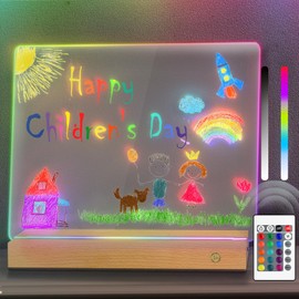 Wireless Acrylic Dry Erase with Light,12 x 10 Light up Clear Desktop Whiteboard with Stand,Glowing Acrylic Message Board with 24 Keys Ir Remote Controller and 12 Liquid Chalks for Office