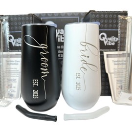 QualityVibe Wedding Gift Bride & Groom EST. 2025 Tiny Champagne Flute Tumblers 6 oz, Couples Gift for Bride & Groom, Bride to Be Gift, Present for Newlyweds