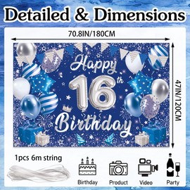 Happy 16th Birthday Decoration Banner - Blue Silver Birthday Decorations Banners Backdrop for Girl Boy, Large Photography Photo Background for 16 Years Old Party Supplies(180X120cm)