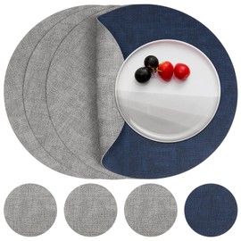 Myir JUN Leather Placemats and Coaster Set of 4, Table Mats Round Waterproof Dual Sided Kitchen Place Mats Coffee Mats Heat Resistant Placemat Non-Slip Washable (set of 4, Gray Blue)