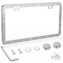 QiqaMole QiqaMole 2 Pack License Plate Frame Include 1 Silicone License Plate Frame and 1 Crystal License Plate Cover with Rhinestone Crystal Diamond Screw Set Car Bling License Plate Frames (Pink + White)