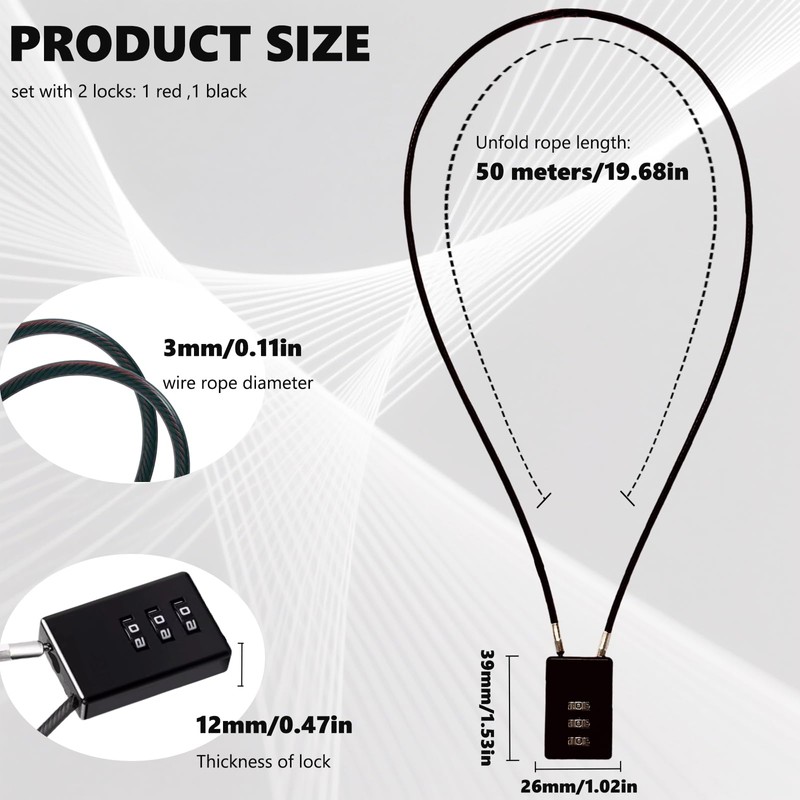 Pack of 2 3-Digit Combination Lock with 50 cm Wire