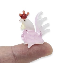 WitnyStore Tiny 1" High Pink White Rooster Chicken Figurine - Miniature Hand Blown Painted Glass Chickens Hen Chicks Fowl Poultry Birds Farm Animals Crystal Decorative Collectible Figure Décor Gifts