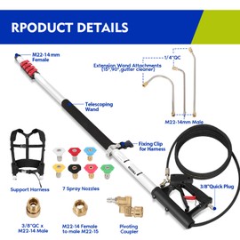 Telescoping Pressure Washer Wand 24FT, Adjustable Power Washer Extension Wand with 7 Spray Nozzles & Support Harness, 4000 PSI Washer Attachment for Gutter Cleaner