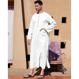 YAOHUOLE Men's Kaftan V-Neck Long Sleeve Kaftan Men's Long Button High Thobe Men's Side Split Cotton with Pockets, 01 white, l