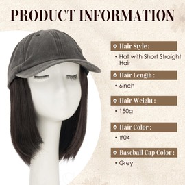 S-noilite Hat Wigs for Women Baseball Cap with Synthetic Hair Extensions Adjustable Grey Hats with Short Straight Hair Attached for Women Daily Wear Dark Brown Wig（6Inch）