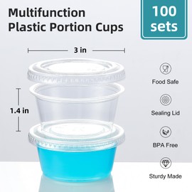 AOZITA 100 Sets - 3.25 oz Portion Cups With Lids, Jello Shot Cups, Small Plastic Containers, Airtight and Stackable Souffle Cups